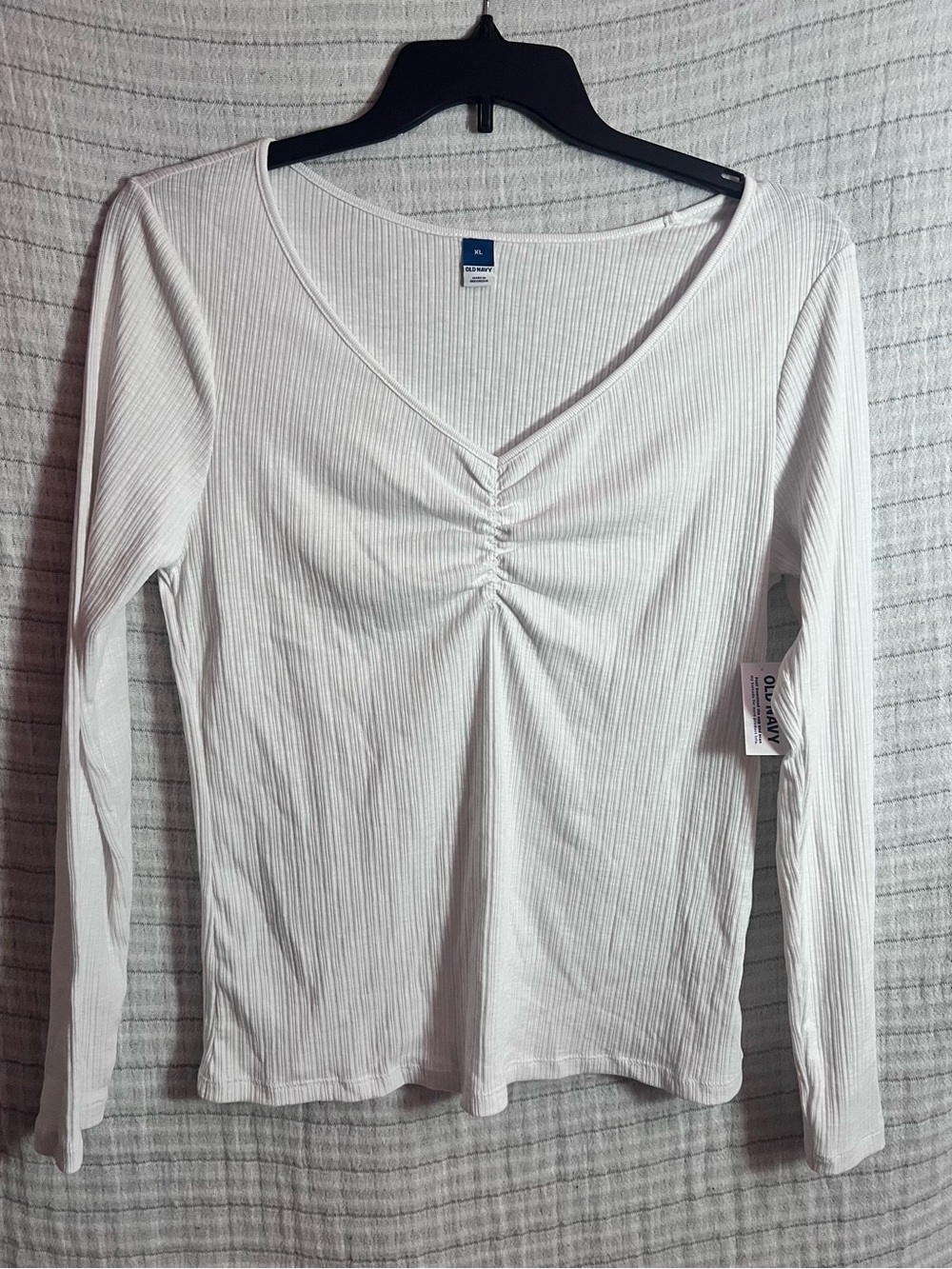 Old Navy White Ribbed V-Neck Long Sleeve Top with Front Ruched Detail